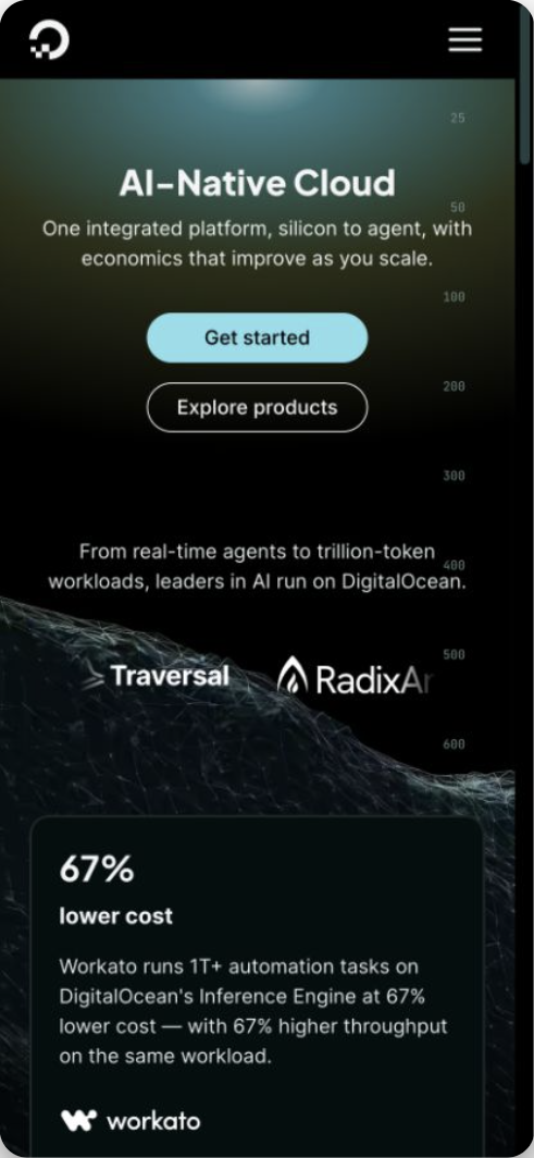 DigitalOcean homepage on mobile