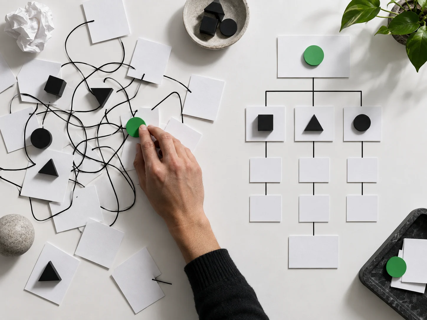 A hand turning a complex workflow into a clear system