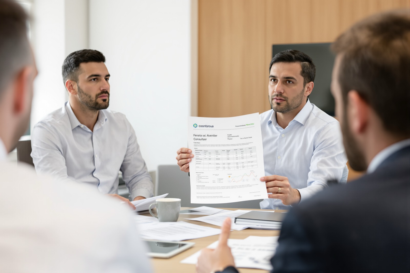 Consultor a apresentar um relatório impresso a dois responsáveis de uma empresa, numa sala de reuniões.