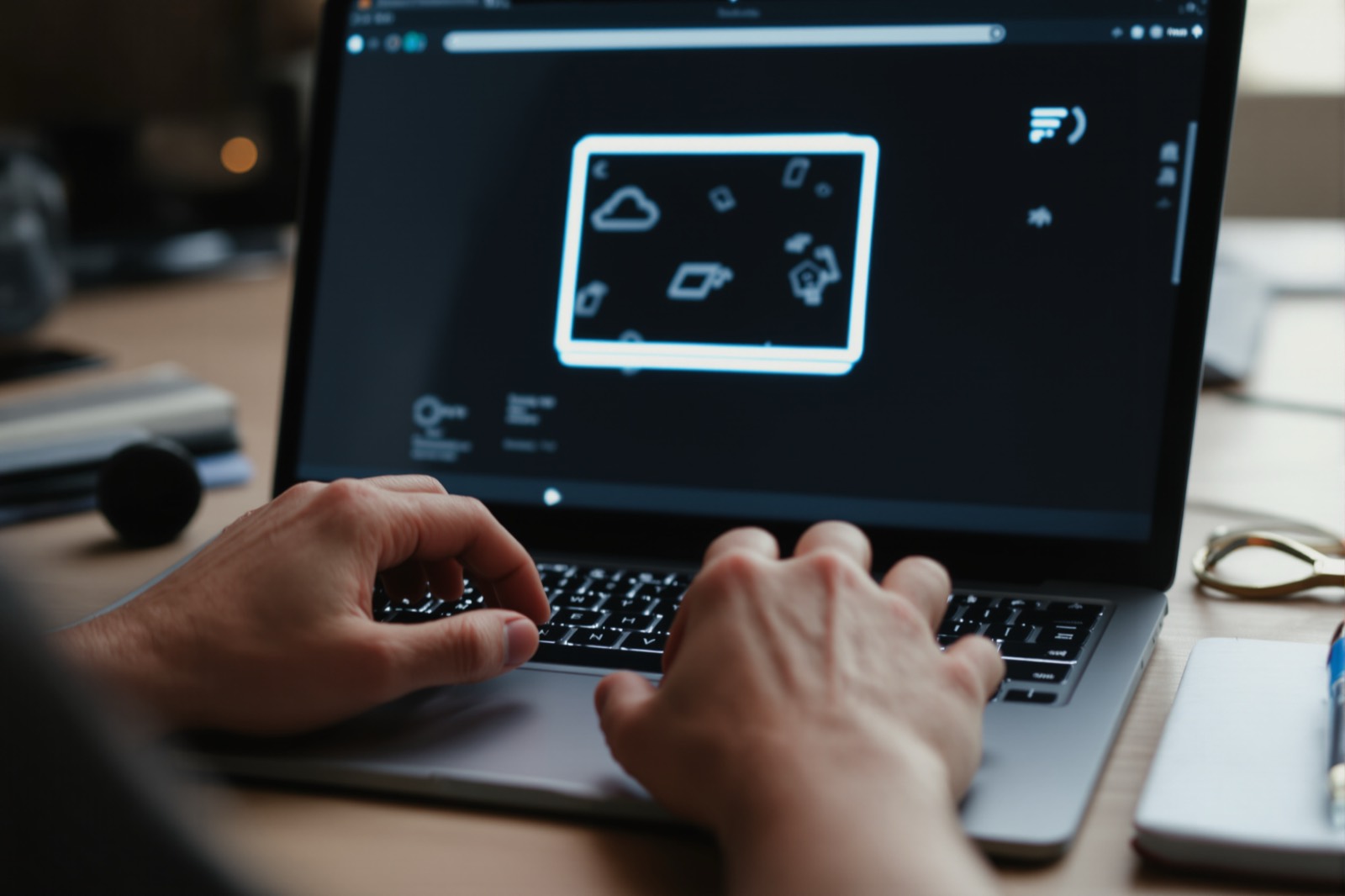 Mãos num teclado a testar um site apenas com o teclado, com o indicador de foco visível no ecrã.